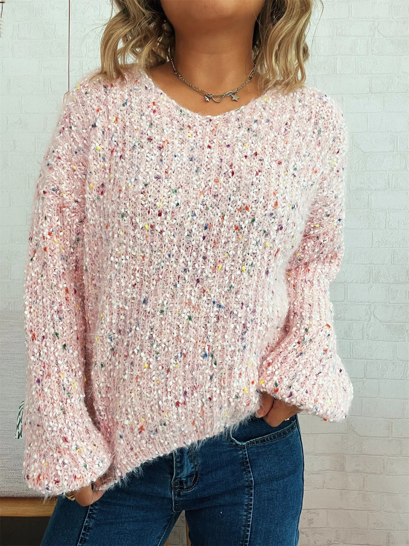 Colorful Long Sleeve Sweater Pink One Size Trendsi