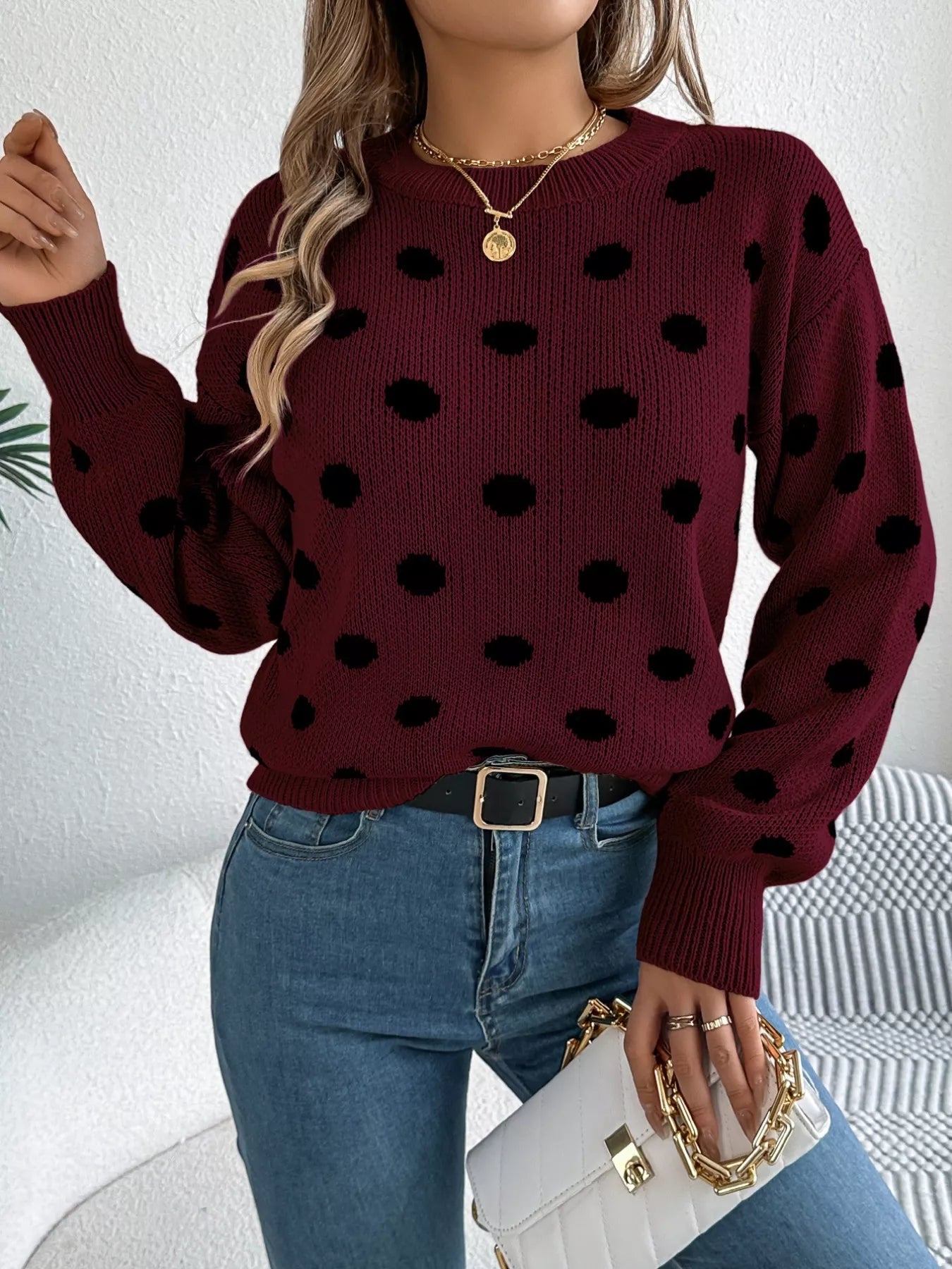 Polka Dot Round Neck Sweater OutfitFlow