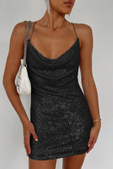 Cowl Neck Contrast Sequin Sleeveless Mini Dress Black OutfitFlow