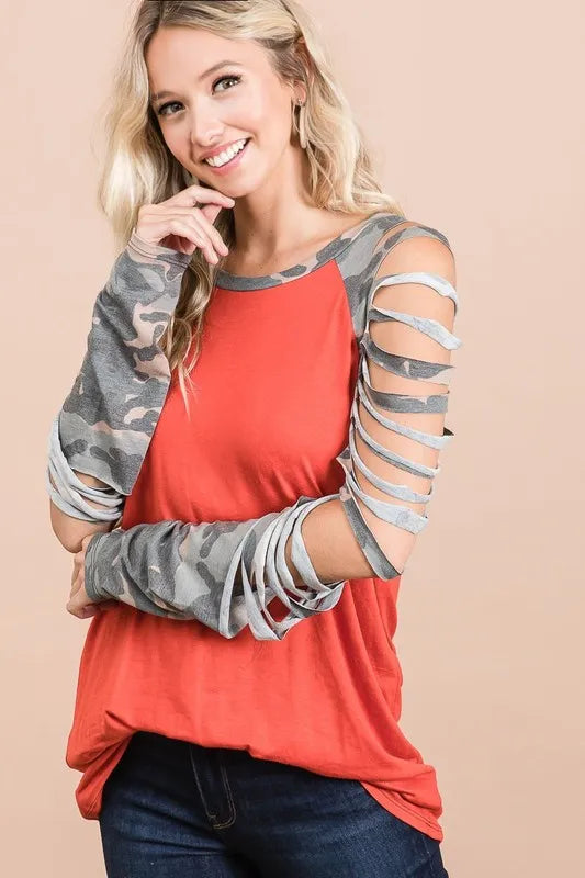 BiBi Jersey Knit Top with Camouflage Laser Cut Sleeves OutfitFlow