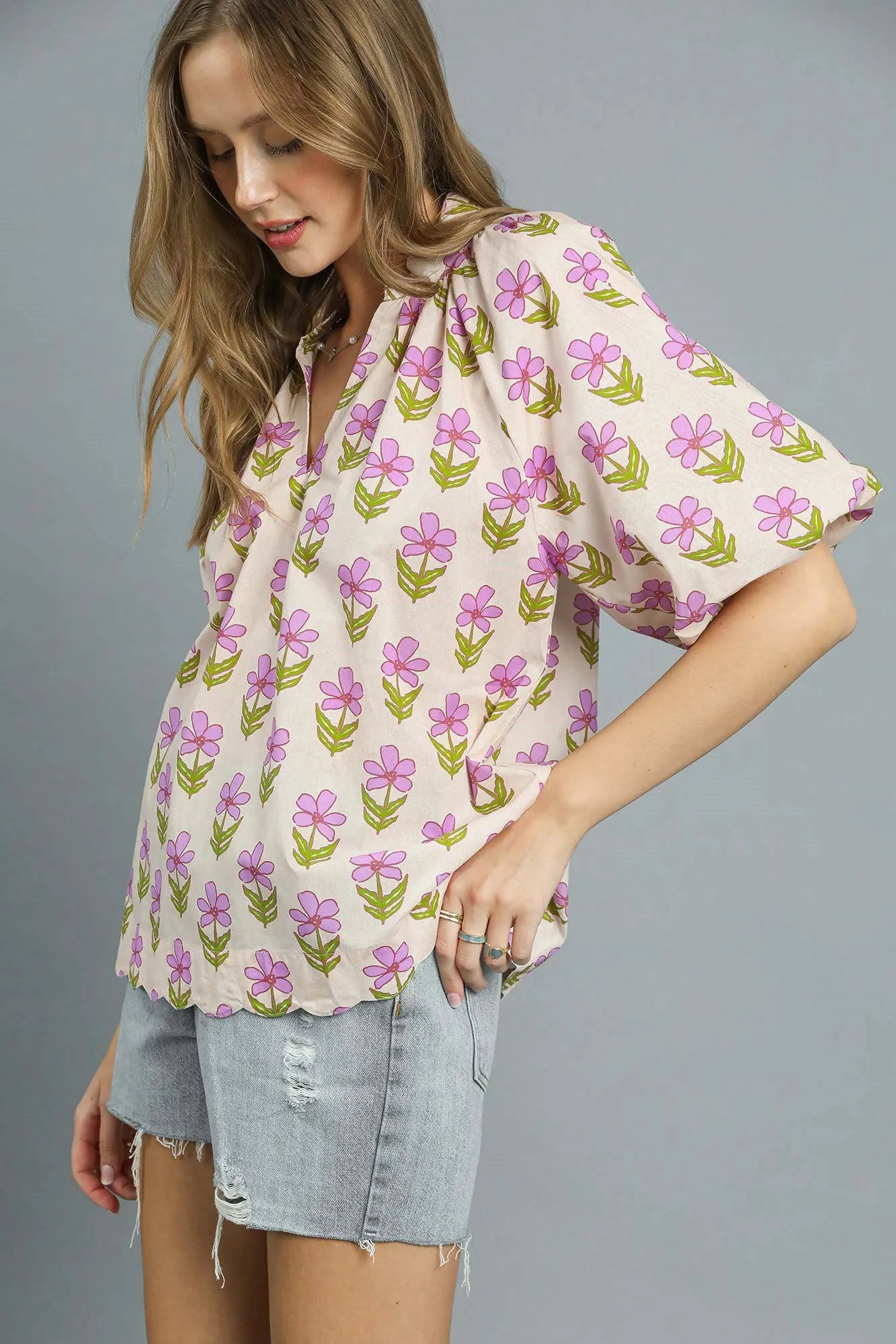 Umgee Floral Print Puff Sleeve Blouse OutfitFlow