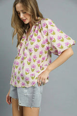 Umgee Floral Print Puff Sleeve Blouse OutfitFlow