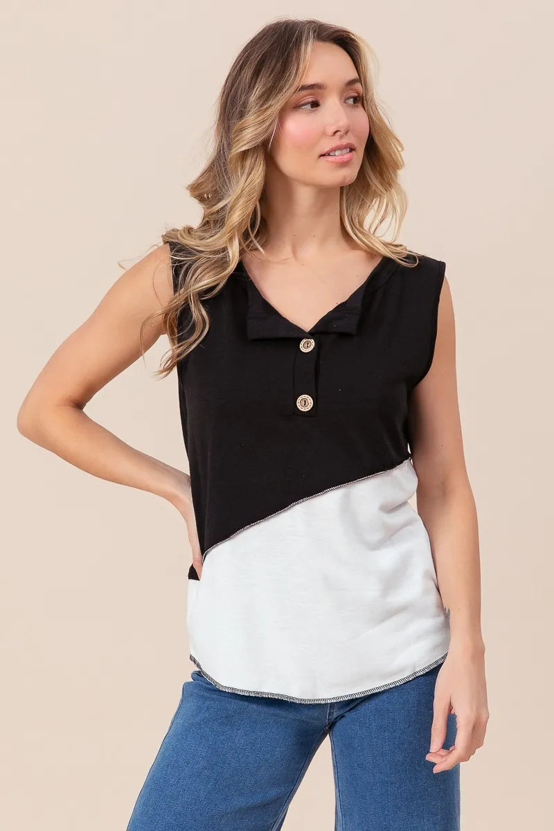 BiBi Color Block Contrast Stitching Buttoned Henley Top OutfitFlow