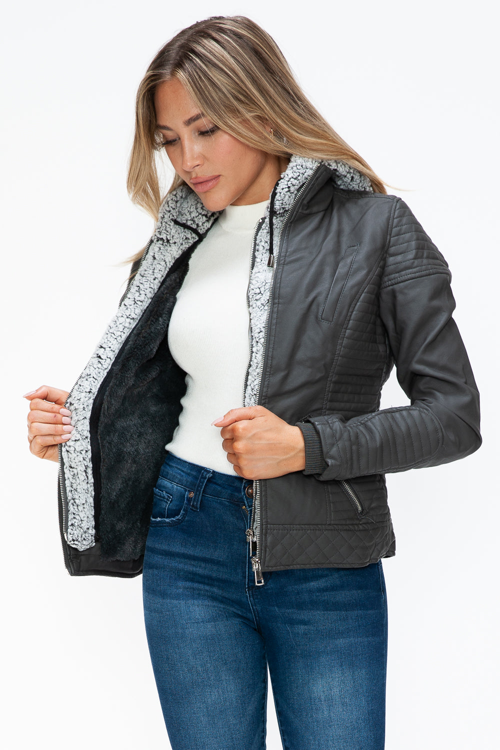 Outfit Flow - YMI Faux Layered Double-Zipper Jacket with Fuzzy Hood