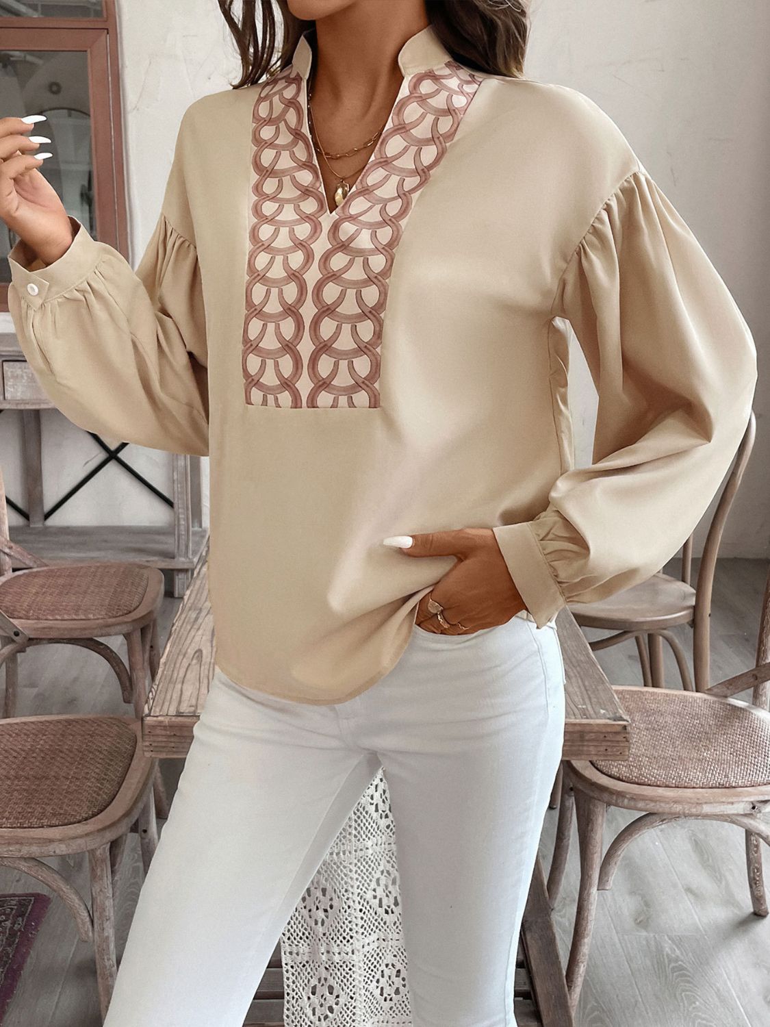 Outfit Flow - Perfee Printed Notched Long Sleeve Blouse