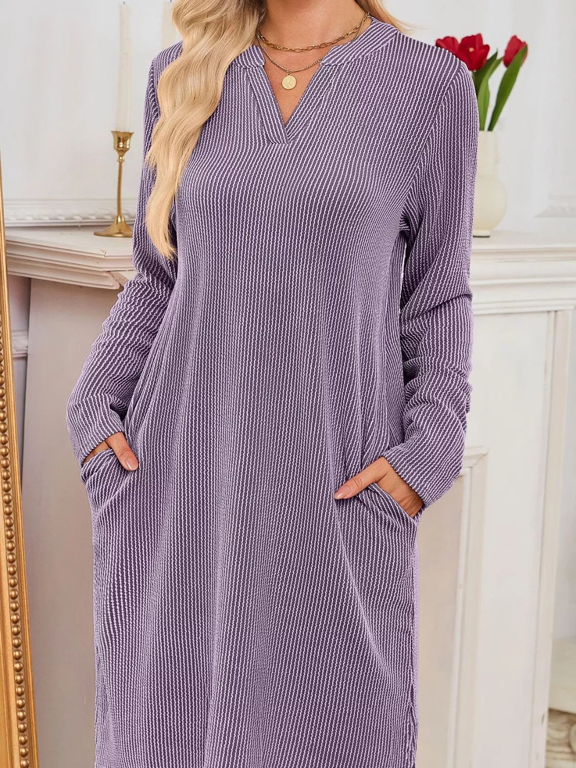 Casual Ribbed Knit Long Sleeve Dress Lavender Trendsi