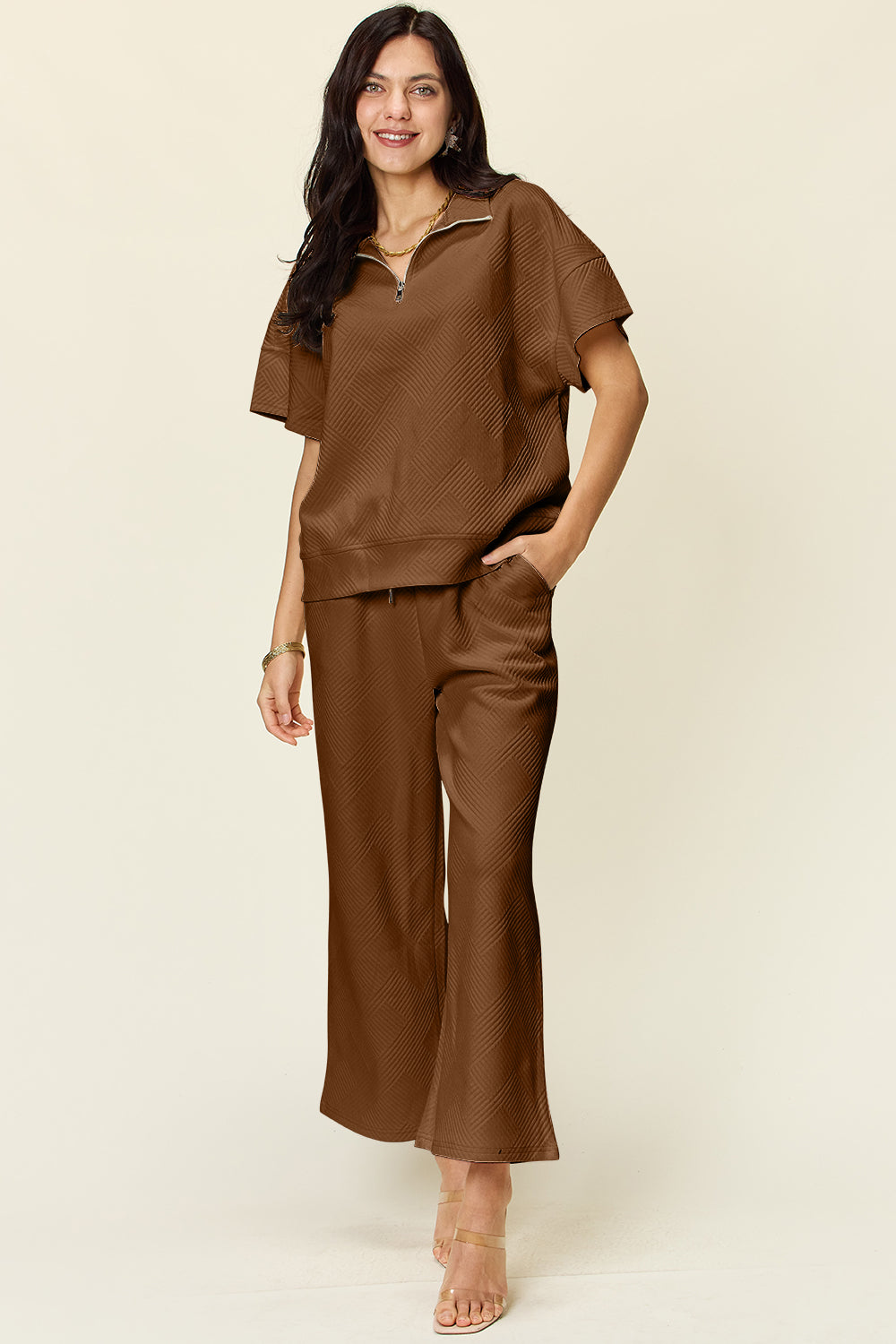Double Take Full Size Texture Half Zip Short Sleeve Top and Pants Set Mocha OutfitFlow
