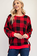 Celeste Full Size High-Low Plaid Round Neck Sweatshirt