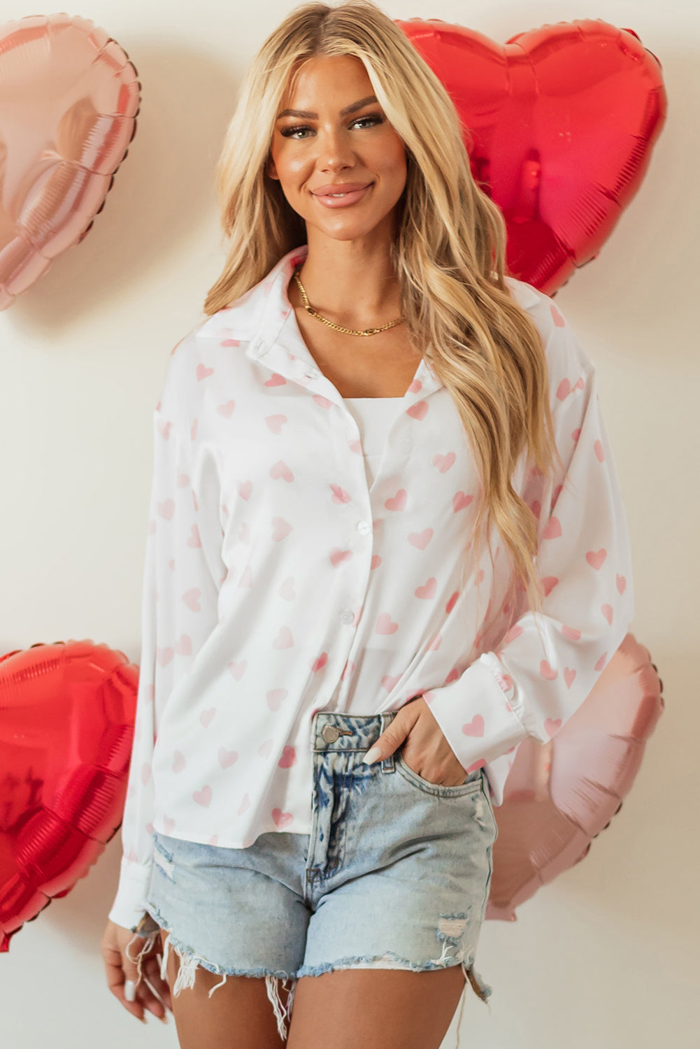 Outfit Flow - Heart Print Collared Neck Long Sleeve Shirt