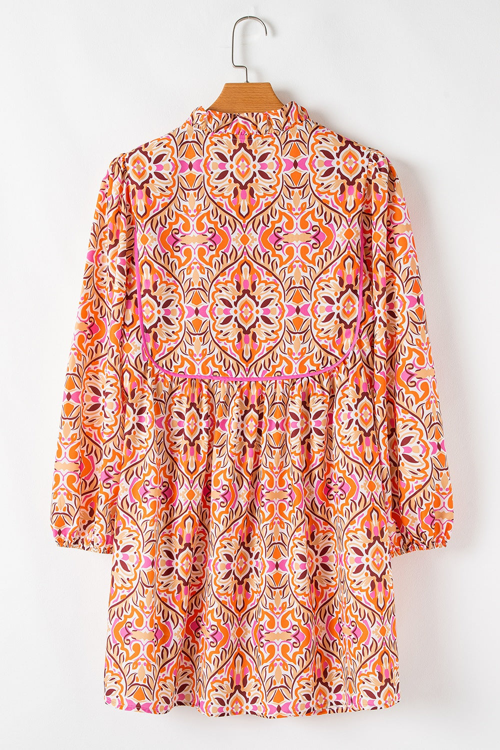 Printed Tie Neck Long Sleeve Mini Dress OutfitFlow
