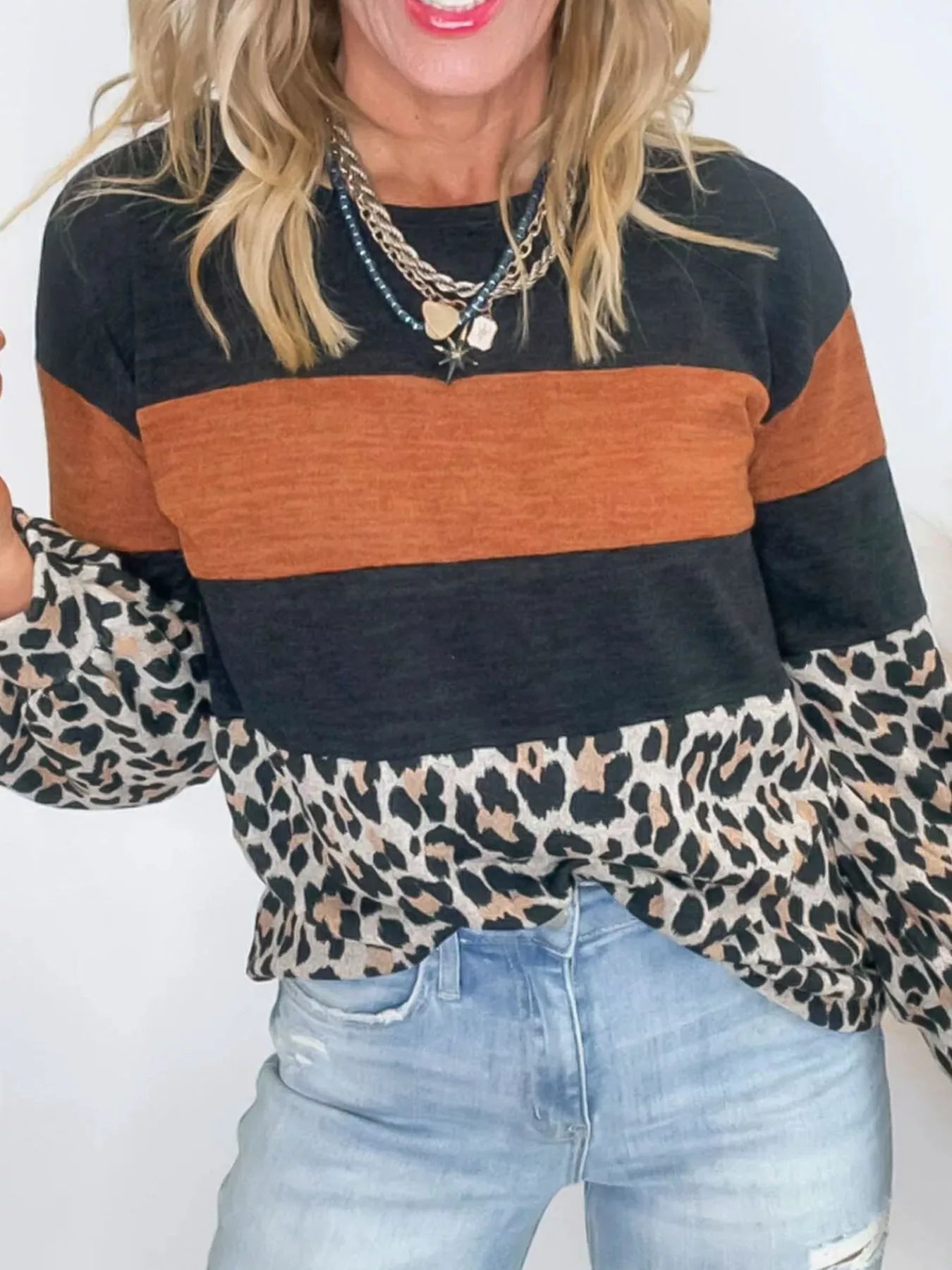 Leopard Print Patchwork Long Sleeve Blouse OutfitFlow
