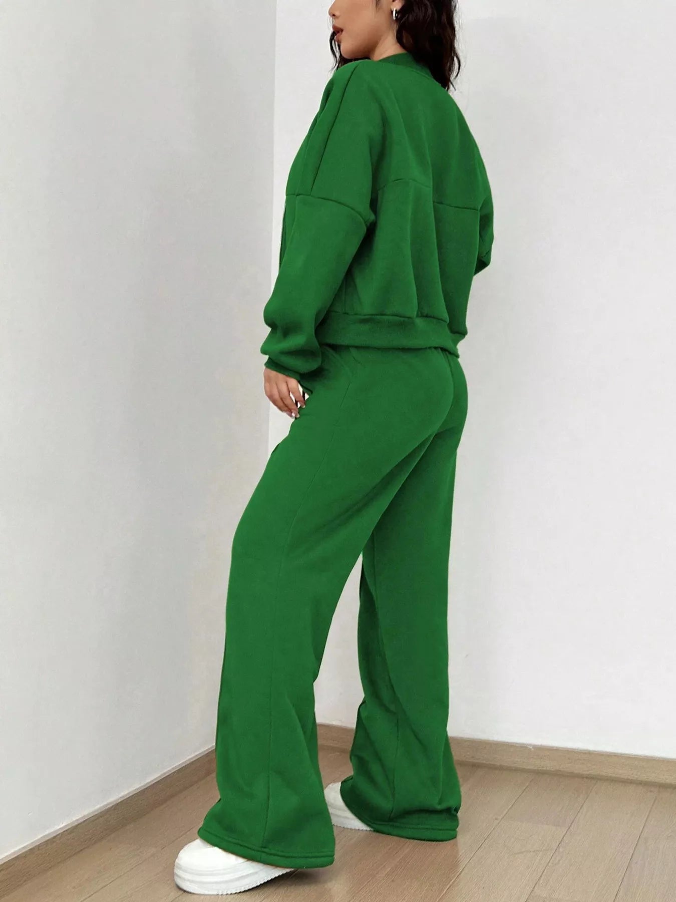Casual Solid Color Zipper Jacket and Wide Leg Pants Set OutfitFlow