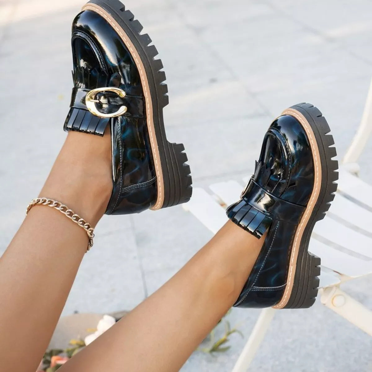 Round Toe Platform Loafers navy blue Trendsi