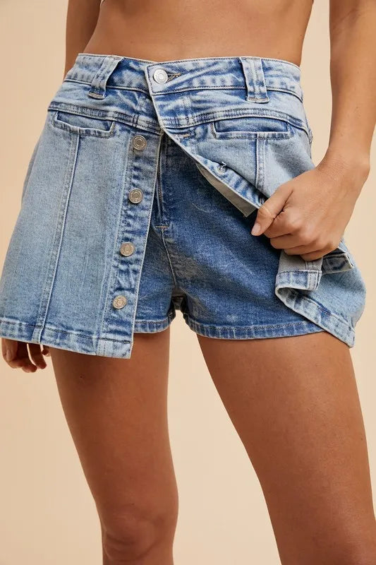 Annie Wear Button Detail Stretch Denim Wrap Mini Skort OutfitFlow
