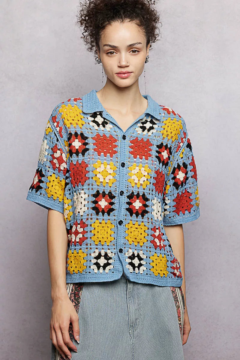 POL Crochet Short Sleeve Relaxed Fit Shirt Trendsi