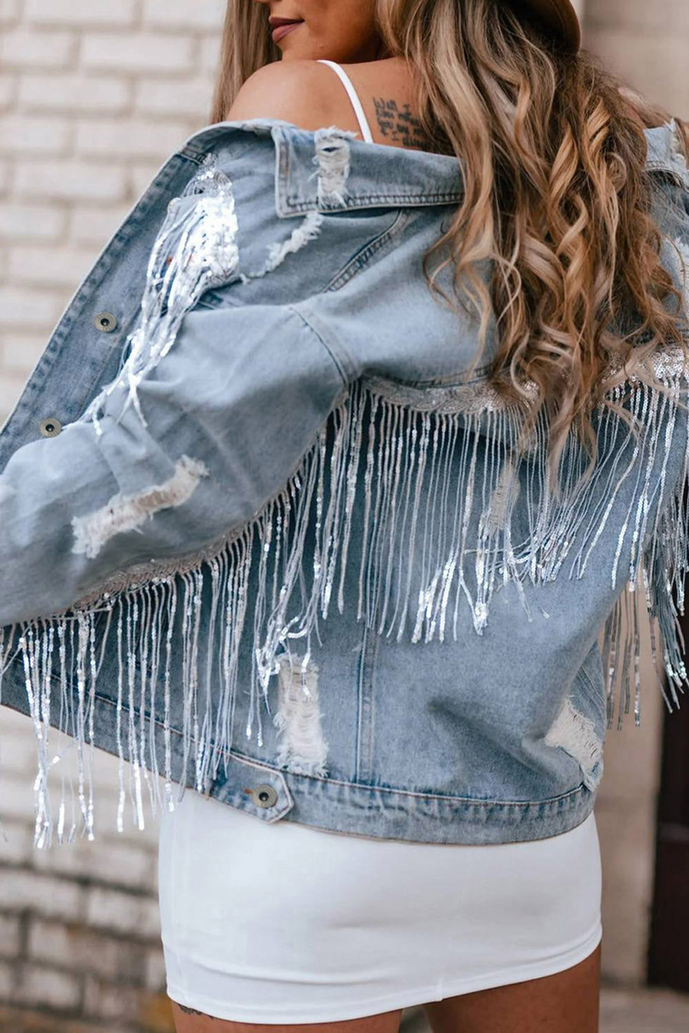 Outfit Flow - Sequin Fringe Trim Distressed Button Up Denim Jacket