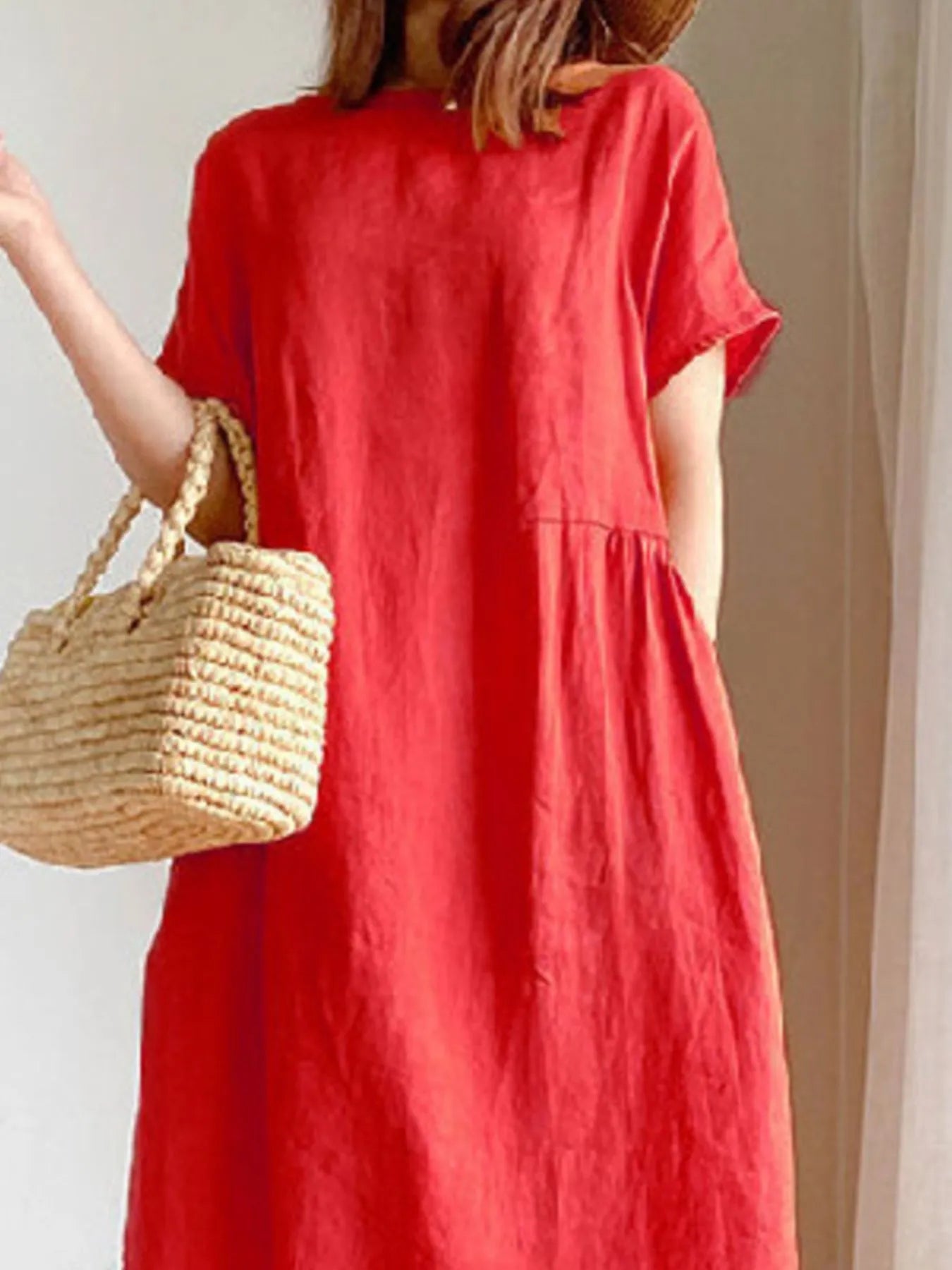 Full Size Casual Round Neck Midi Dress Plus Size OutfitFlow
