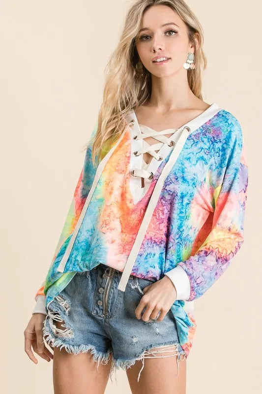 BiBi Tie Dye Deep V-neck Top With Lace Up Front TIE DYE Trendsi