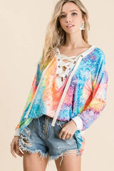 BiBi Tie Dye Deep V-neck Top With Lace Up Front TIE DYE Trendsi
