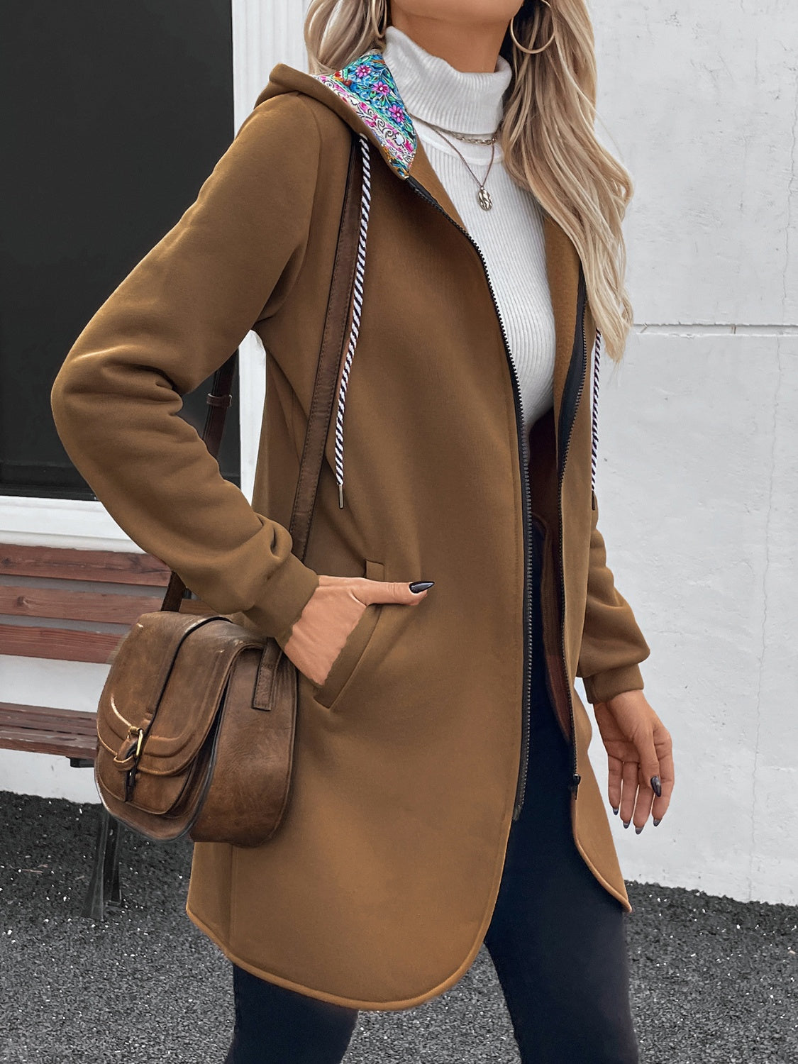 Outfit Flow - Drawstring Zip Up Long Sleeve Hooded Outerwear