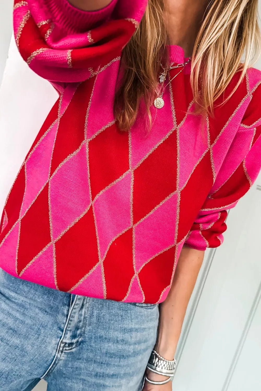 Argyle Pattern Long Sleeve Sweater Deep Rose OutfitFlow