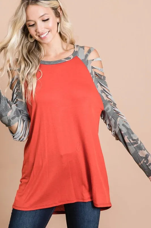 BiBi Jersey Knit Top with Camouflage Laser Cut Sleeves RUST OutfitFlow