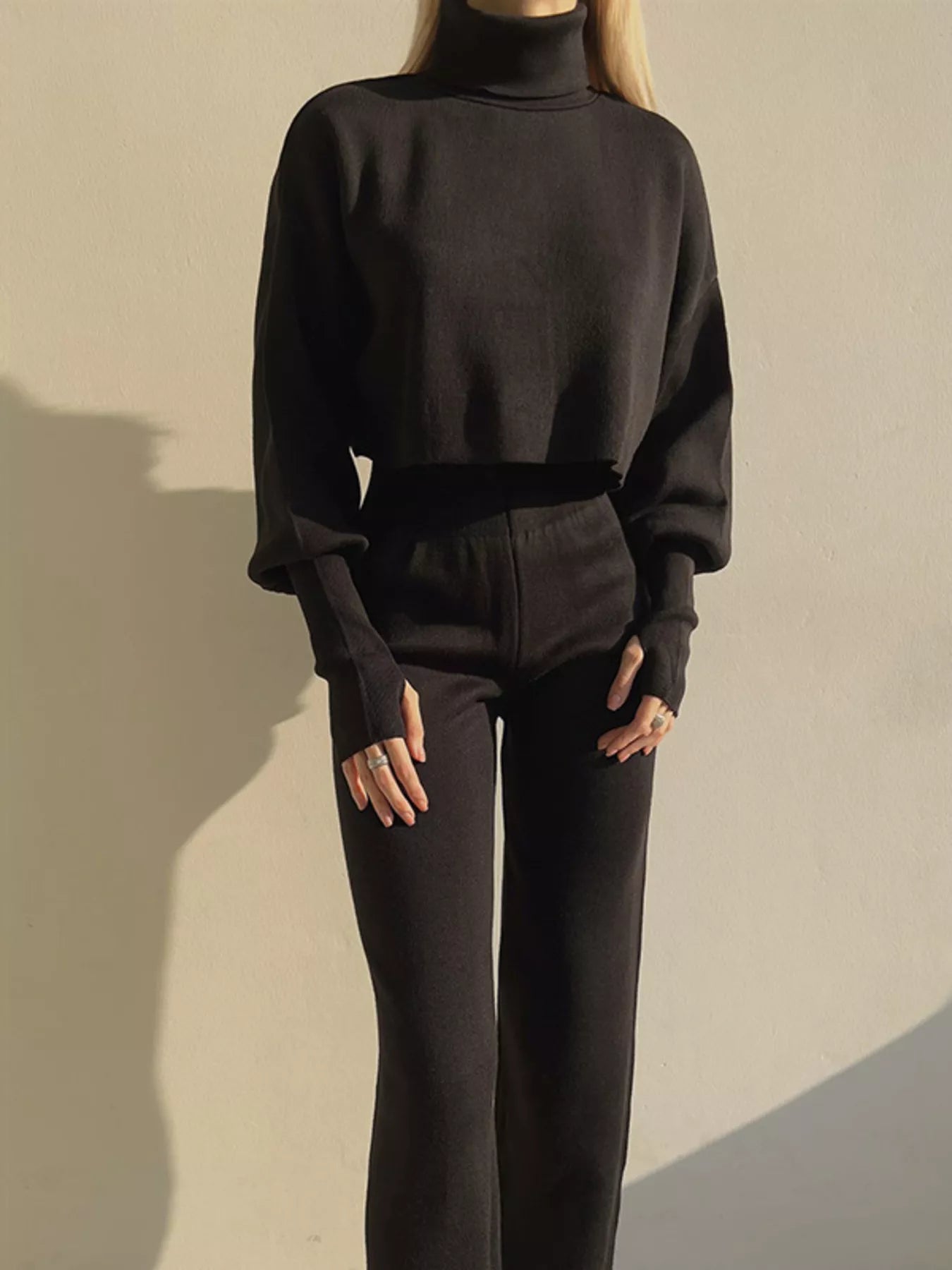 Turtleneck Long Sleeve Top & Pants Set Black OutfitFlow