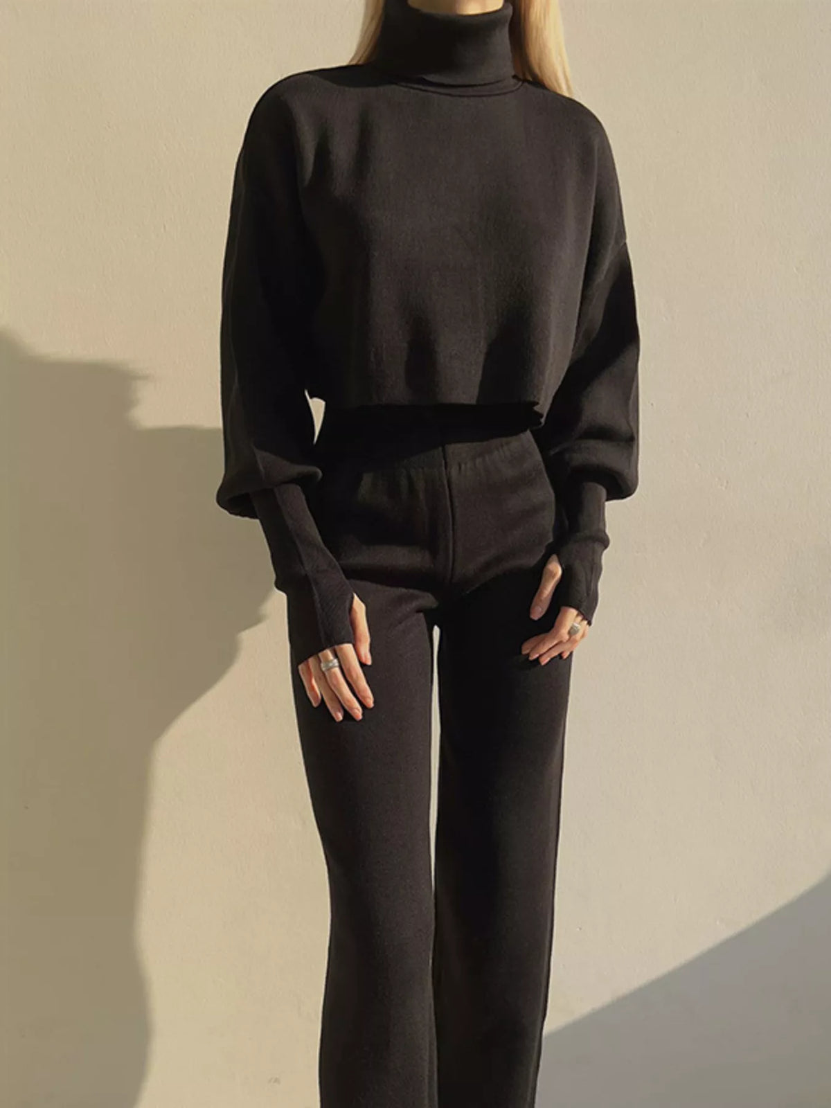 Turtleneck Long Sleeve Top & Pants Set Black OutfitFlow