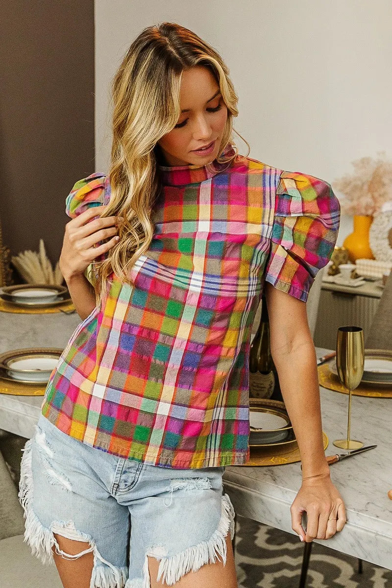 BiBi Short Puff Sleeve Washed Vintage Plaid Top OutfitFlow