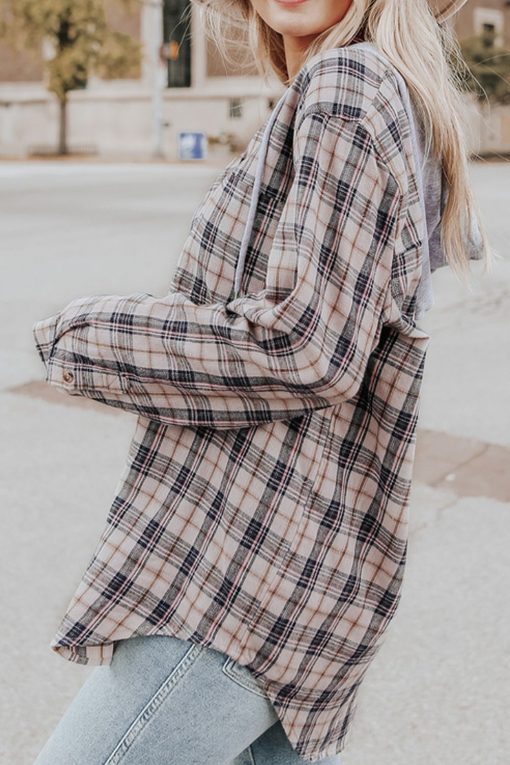 Outfit Flow - Drawstring Plaid Hooded Long Sleeve Shirt