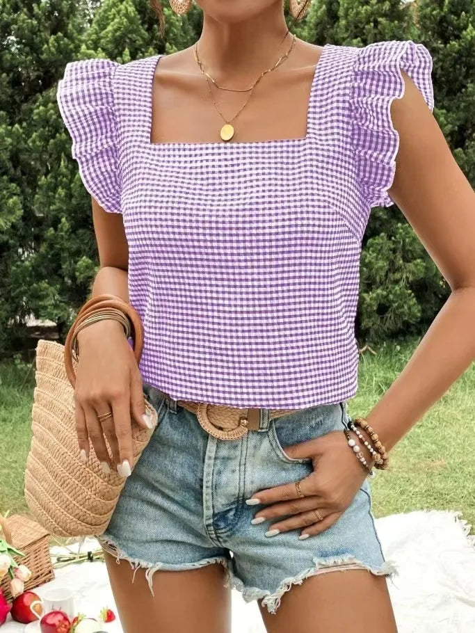 Ruffle Sleeve Gingham Square Neck Top Lilac OutfitFlow