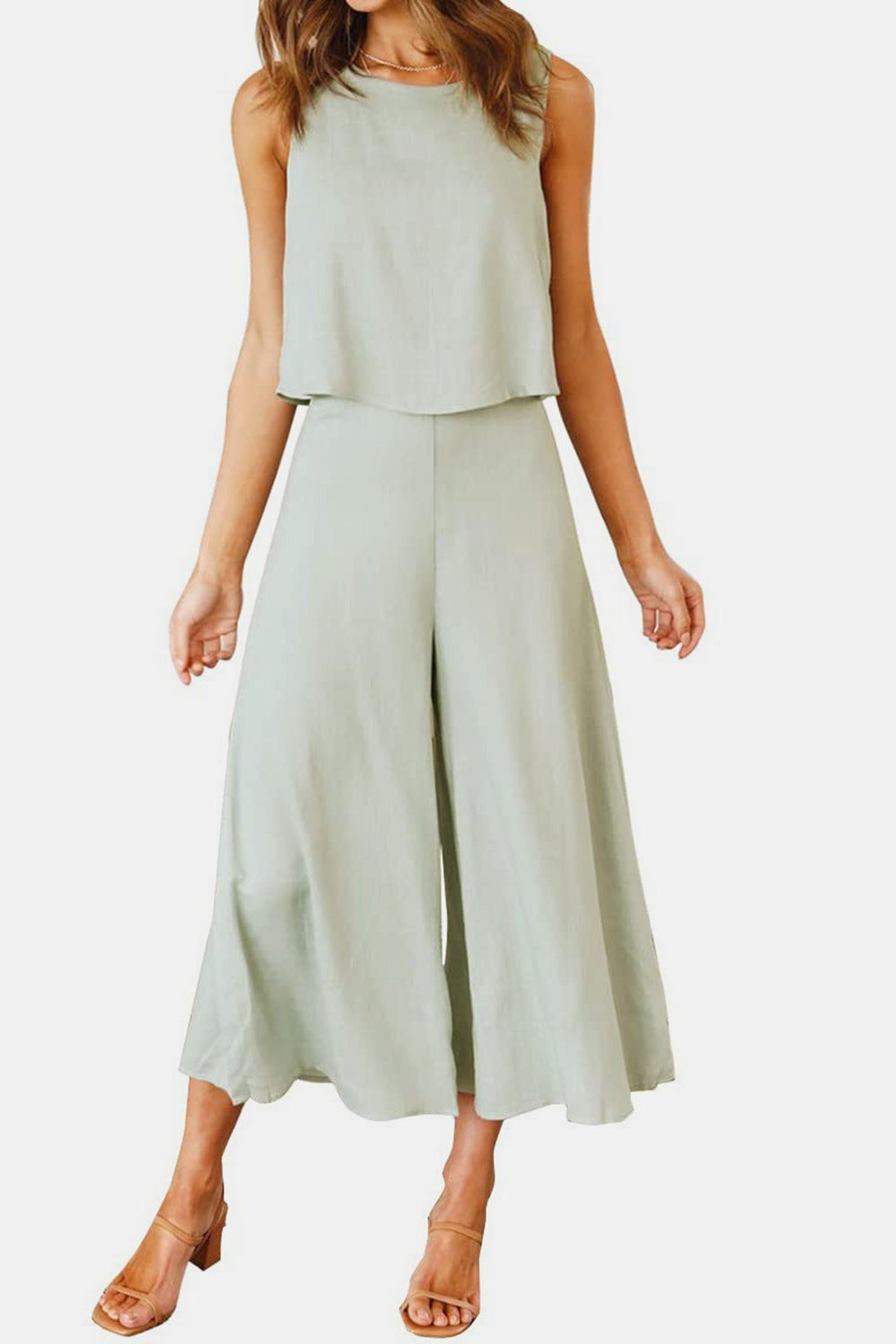 Outfit Flow - Round Neck Top and Wide Leg Pants Set