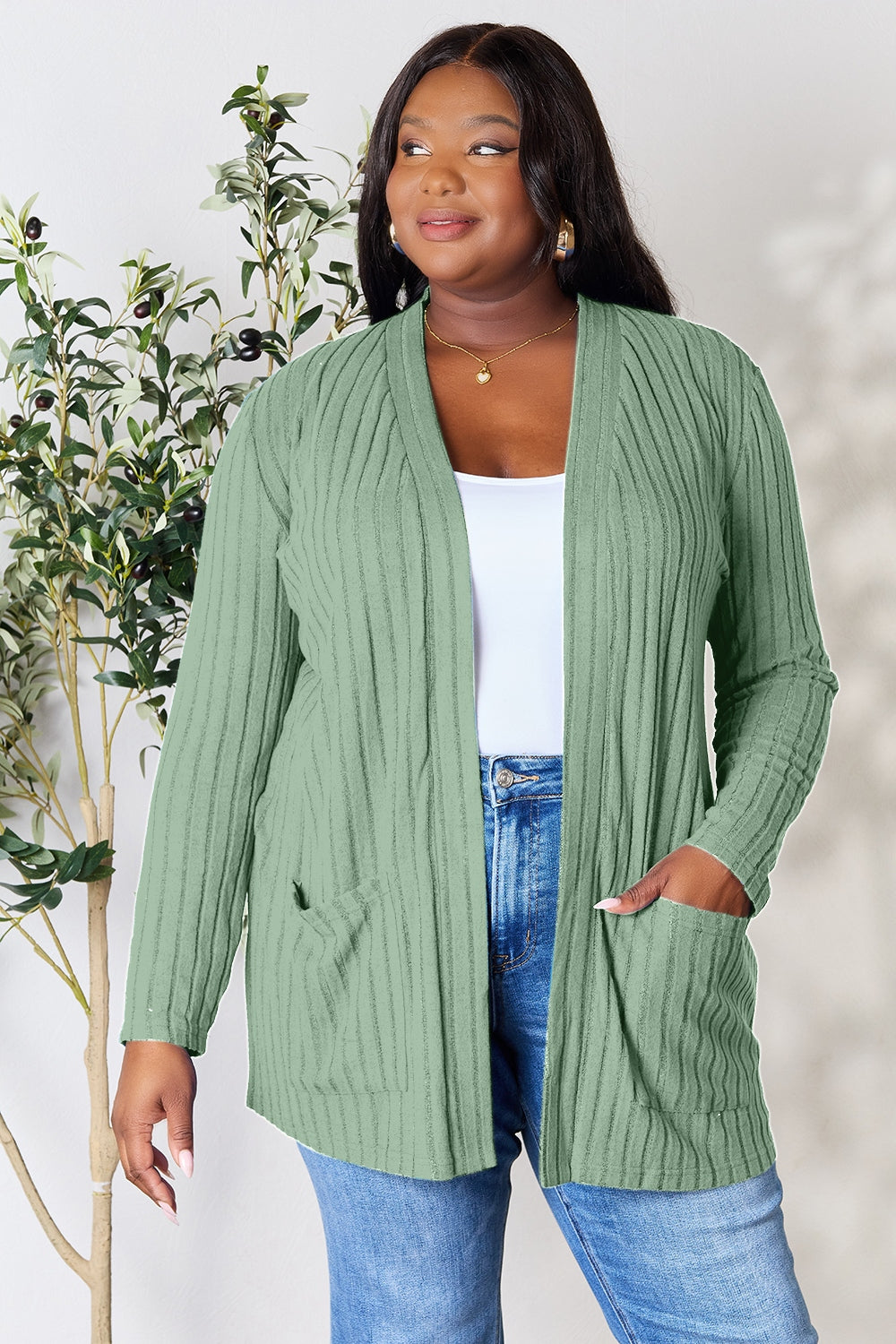 Basic Bae Full Size Ribbed Open Front Cardigan with Pockets Light Green OutfitFlow