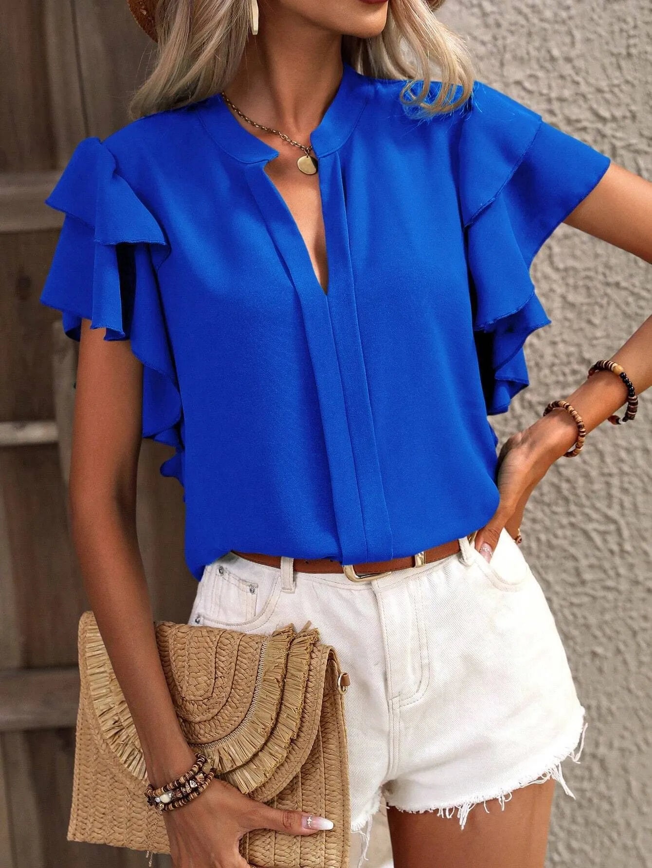 Ruffle Sleeve Notched Blouse OutfitFlow