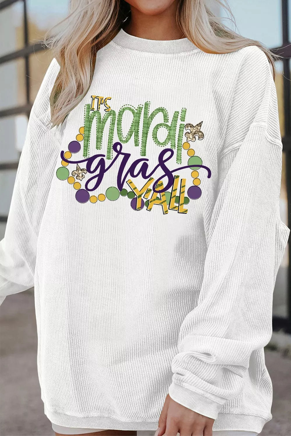 TIS Mardi Gras YALL Corded Ribbed Pullover Sweatshirt OutfitFlow
