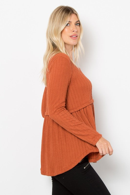 Outfit Flow - Be Stage Full Size Texture Babydoll Round Neck Long Sleeve Knit Top