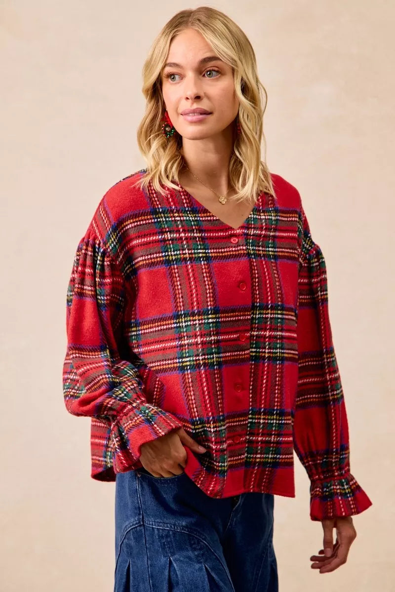 BiBi Christmas Plaid V-Neck Flounce Sleeve Jacket Trendsi