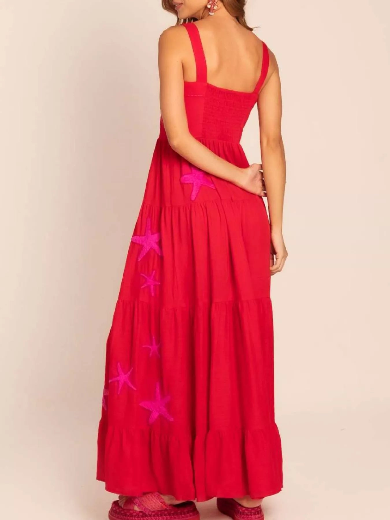 Embroidered Square Neck Tiered Maxi Cami Dress OutfitFlow