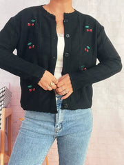 Cherry Embroidered Button Up Cardigan OutfitFlow