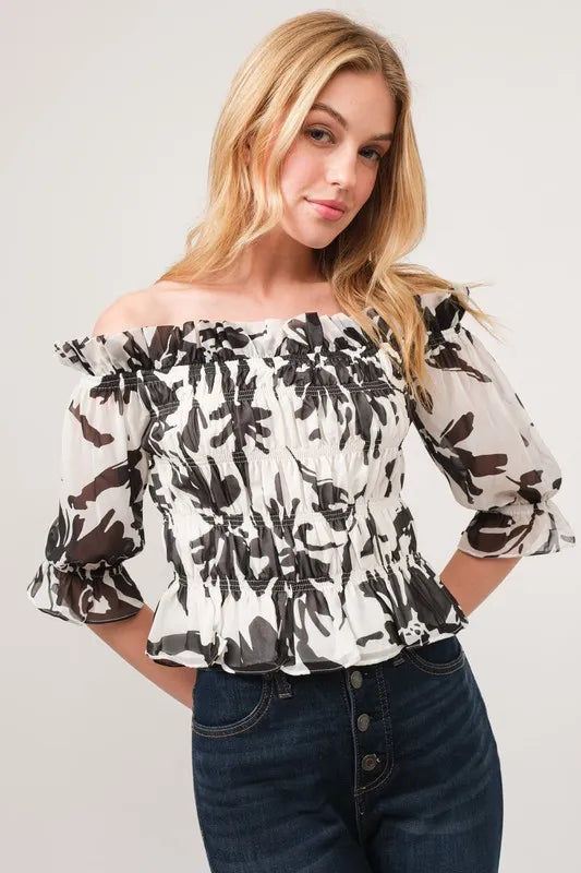 And The Why Smocked Off-Shoulder Floral Printed Top OutfitFlow