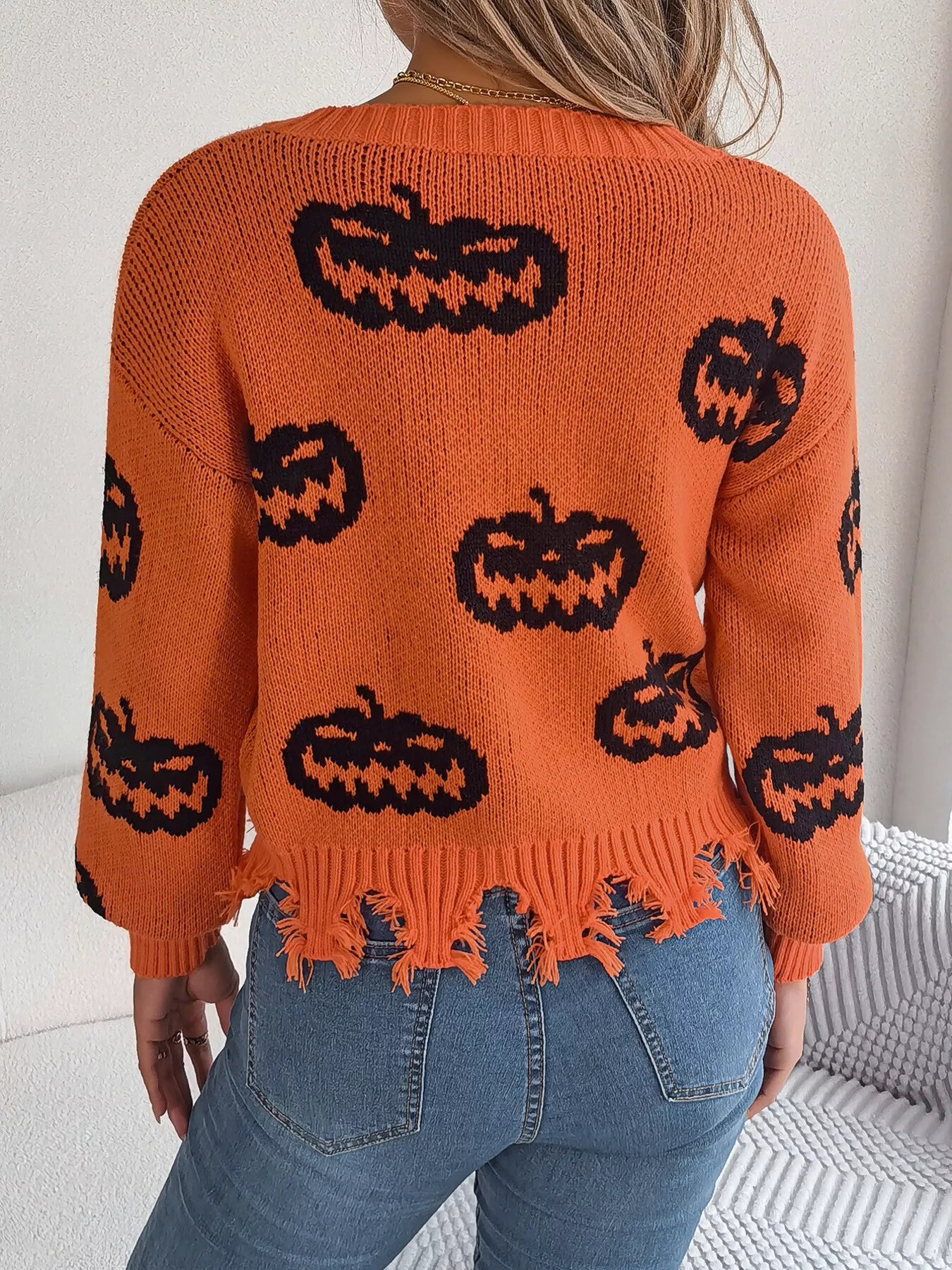 Halloween Pumpkin Pattern Raw Hem V-Neck Sweater OutfitFlow