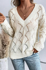 Openwork V-Neck Long Sleeve Sweater