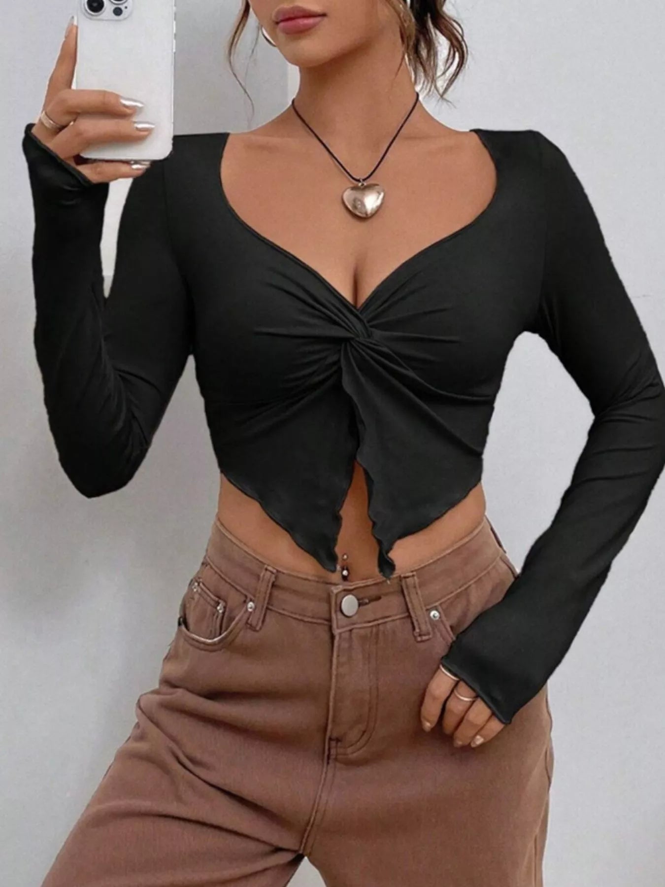 Twisted Front Long Sleeve T-Shirt OutfitFlow