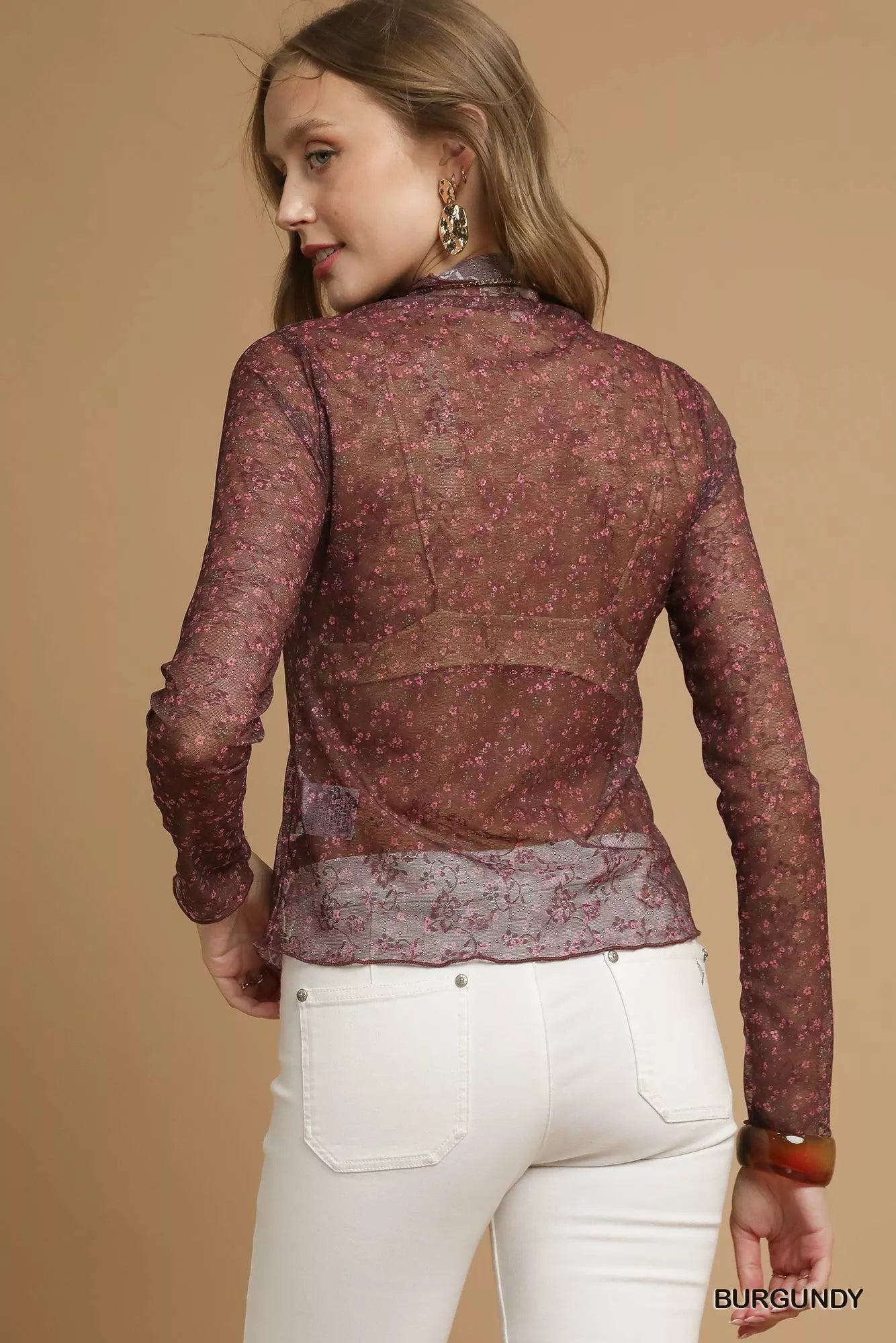 Umgee Nylon Lace Mesh Long Sleeve Top OutfitFlow