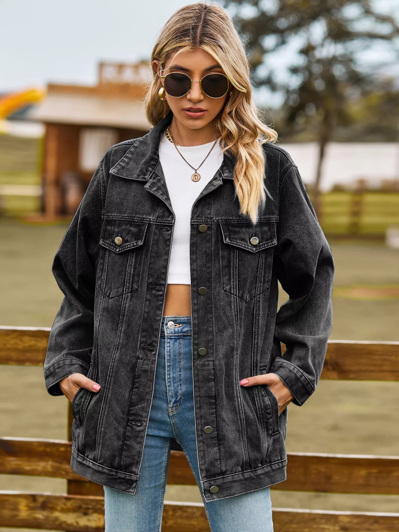 Button Up Long Sleeve Denim Jacket Black OutfitFlow