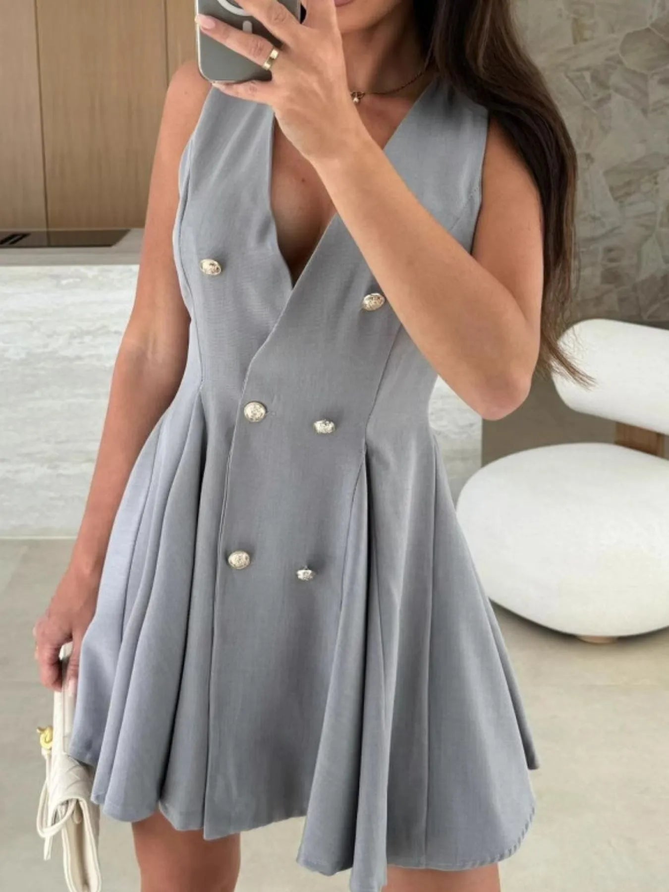 Sleeveless Double-Breasted Mini Dress OutfitFlow