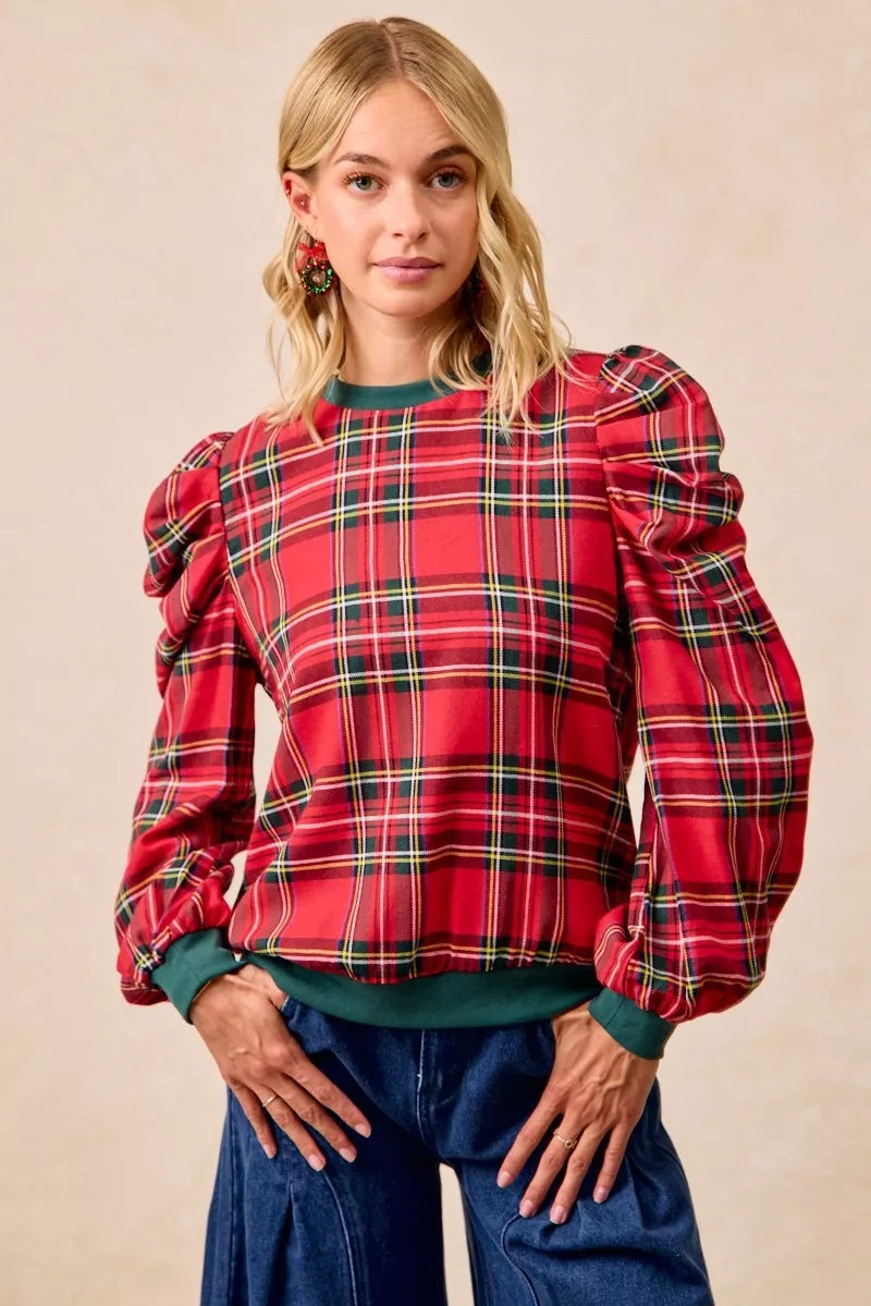 BiBi Christmas Plaid Exaggerated Shoulder Sleeves Top RED PLAID OutfitFlow