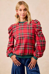 BiBi Christmas Plaid Exaggerated Shoulder Sleeves Top RED PLAID OutfitFlow