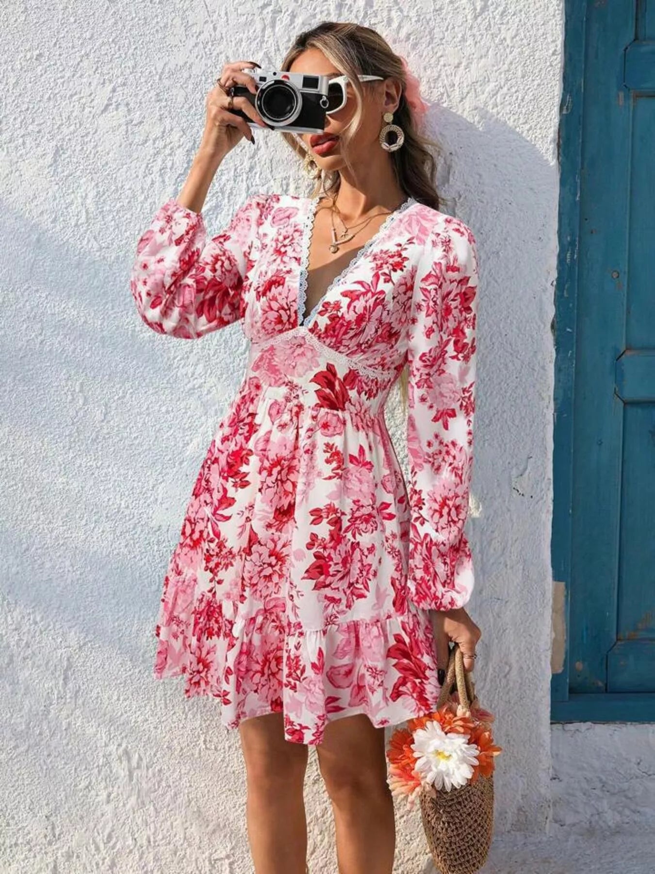Full Size Floral Print V-Neck Long Sleeve Ruffle Hem Mini Dress Plus Size Red Trendsi