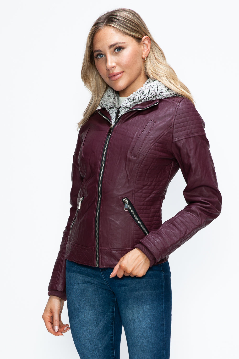 Outfit Flow - YMI Faux Layered Double-Zipper Jacket with Fuzzy Hood